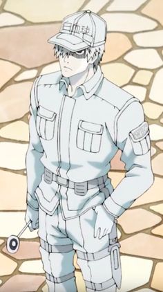 a black and white drawing of a man in a white jumpsuit with many pockets and a white hat that says "safety" on it. he is holding a small hammer in his right hand.