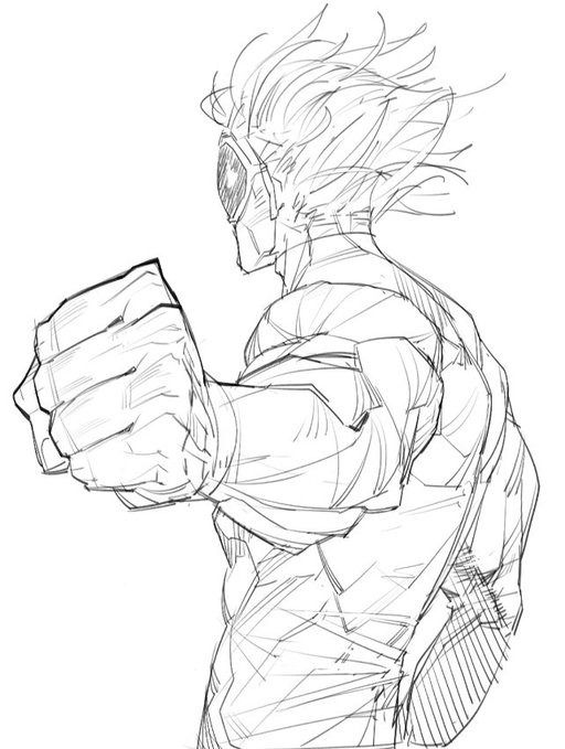 a black and white sketch of a man in an action pose, with his fist clenched and his body dynamic, in a style reminiscent of manga or anime art. the sketch focuses on the man's powerful stance and the energy of his fist, highlighting the dramatic action of the scene.