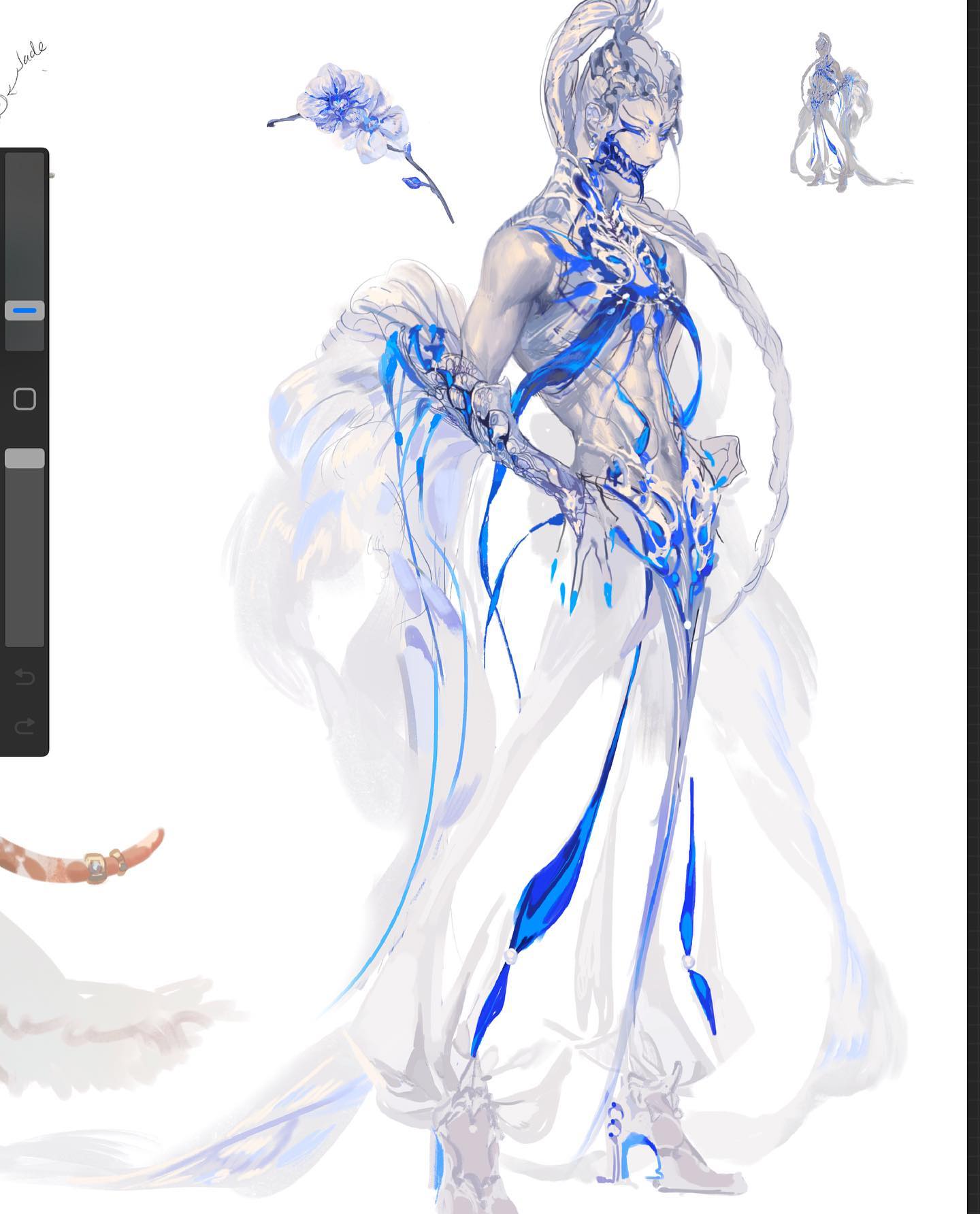 this is a digital drawing of a male character concept art. the character has a fantasy theme, with white and blue being the prominent colors in his outfit. the character is slender, and the outfit is very detailed and decorated. he is standing in a pose, slightly facing his left, and his back is slightly arched.  this looks like a front view of the character.