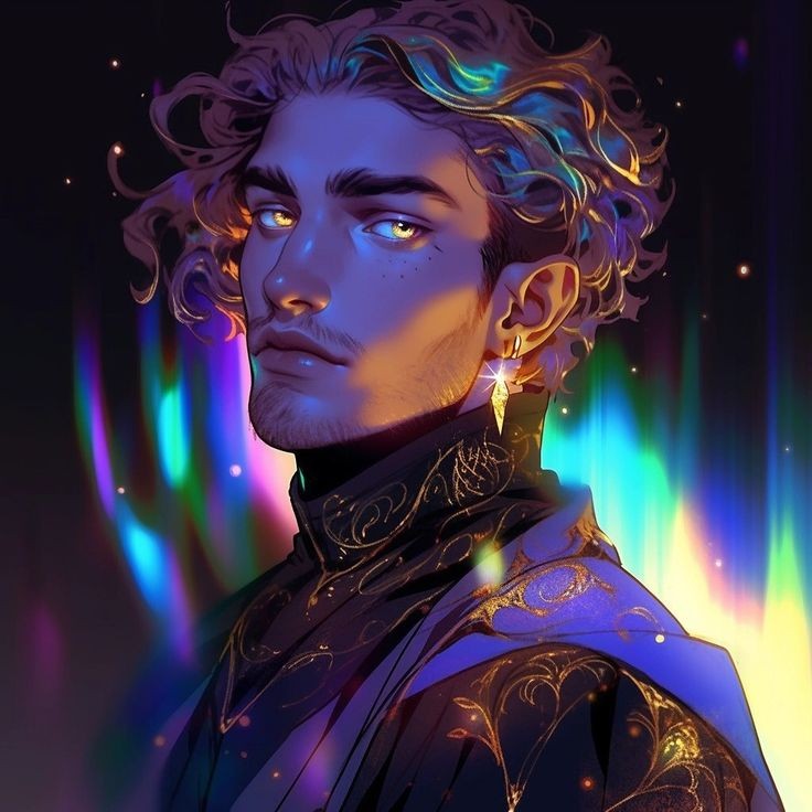 this digital artwork features a portrait of a handsome man with long, curly blue hair. he is wearing a black and gold shirt with a high collar, and his facial expression is serious and intense. the background is a blur of colorful lights, adding a sense of magic and mystery. the artwork is very detailed, and the use of color and light is impressive. the image conveys a sense of power and sophistication.