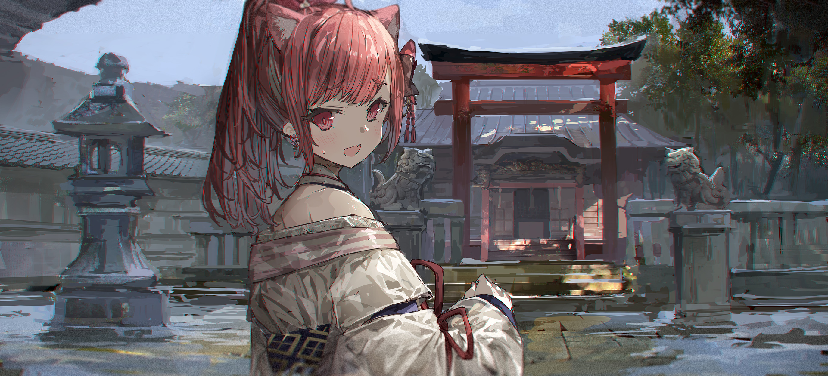 the image is a digital painting of an anime girl with pink hair and cat ears. she is wearing a lightcolored kimono and is standing in front of a japanese temple. the temple has a red torii gate and stone lanterns. the style of the artwork is reminiscent of manga and anime, with a focus on vibrant colors and expressive character design. the girl’s expression is playful and slightly mischievous. the overall atmosphere of the image is serene and mystical.