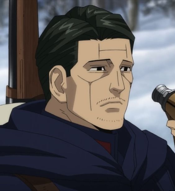 the image shows an anime character, a man with short dark hair and a scar on his face. he is wearing a dark blue coat with a brown belt and appears to be holding binoculars in his right hand. he has an intense gaze and appears to be in his late 30s or early 40s. the setting appears to be outside on a snowy day and the lighting is soft. the perspective is at eye level with the subject.