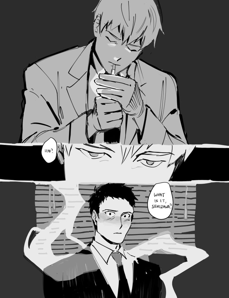 the image is a mangastyle illustration, rendered in monochrome, depicting a scene with two men in suits.  the top panel shows a man with short, light hair, smoking a cigarette with a somewhat pensive expression. the middle panel shows a closeup of the eyes of what appears to be a second man. the bottom panel showcases a second man with darker hair, a blush on his cheeks and a slightly worried expression, likely addressed by the top panel man who smokes. speech bubbles indicate a conversation is occurring, implying a scene of interaction and possibly tension or intimacy between the two men. the overall style is dark and dramatic, creating a mood of secrecy or seriousness. the artwork's lines are loose and expressive, adding to the emotional impact.
