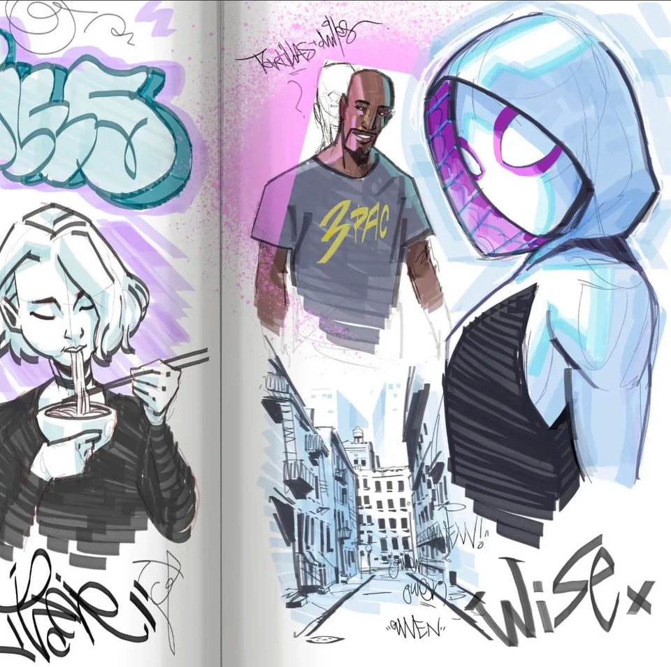 this image is a page from a sketchbook with four separate sketches in varying styles, subjects, and completeness. the top left features stylized graffiti bubble letters. below it is a young woman eating noodles from a bowl. on the top right, a man in a purple shirt is smiling, juxtaposed next to a sketch of spidergwen facing right. the bottom right sketch features a black and white rendering of a new york city street scene.