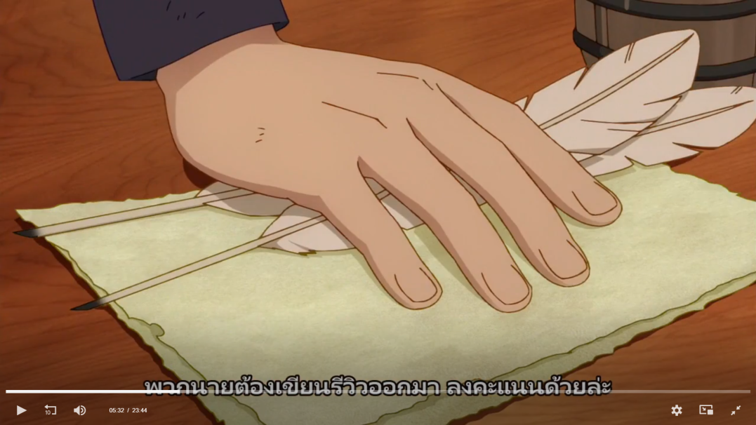 an anime character's hand is laying on a sheet of paper with a quill pen, appearing to be writing. the hand is in the foreground, and the paper is on a wooden table. the background is blurry and has a brown barrel behind the hand.