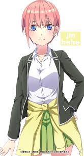 the image features a fullbody shot of ichika nakano, an anime character from the quintessential quintuplets series. she is depicted as a female character with pink hair and blue eyes, wearing a school uniform consisting of a white buttonup shirt, a dark jacket, and a skirt. the text "jin hehe" is visible near her.