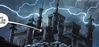 a dark, imposing castle is depicted under a stormy night sky with lightning streaking across. the castle has several towers and exhibits gothic architectural elements. a speech bubble is visible on the left. the image appears to be from a comic book.