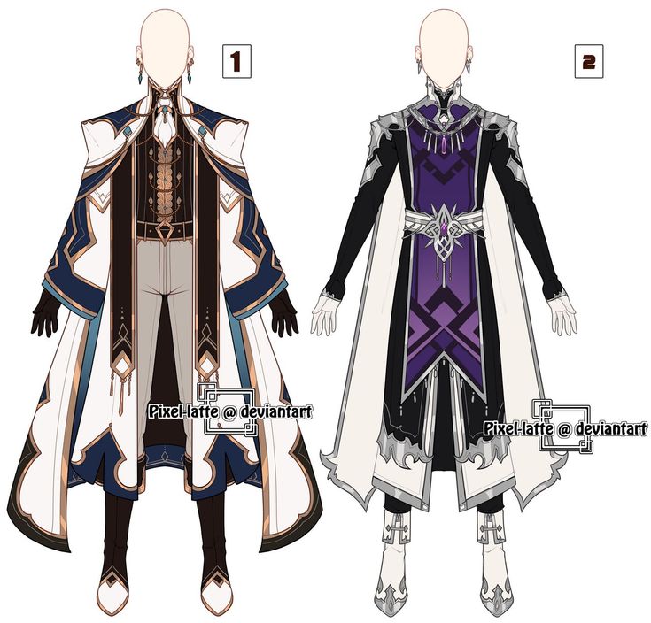 this image features two male anime characters in different outfits, both wearing elaborate and elegant costumes. the first character on the left wears a white and gold robe with intricate blue detailing, adorned with a dark tie and a silver belt. the second character on the right wears a white and silver robe with purple accents and a dark collar. both characters have an air of royalty and sophistication, with their outfits suggesting a fantasy or historical setting.