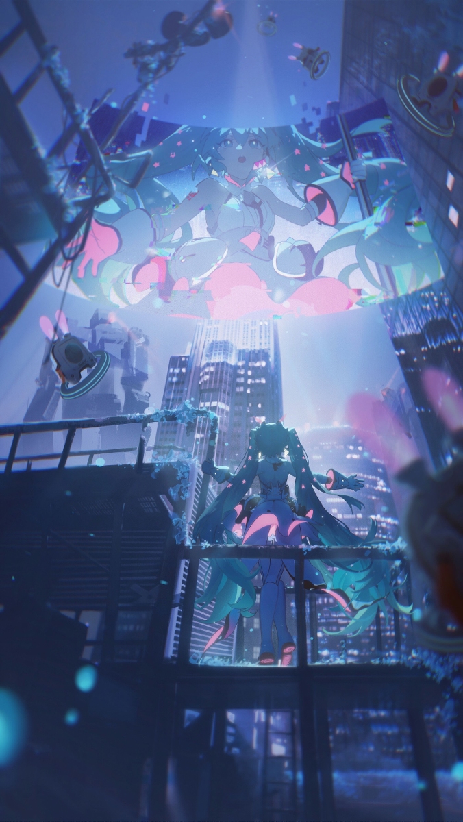 the image is a futuristic animestyle artwork featuring hatsune miku in a vibrant, technologically advanced cityscape. a large holographic projection of miku hovers above, while a smaller version stands on a platform surrounded by buildings. the color palette is dominated by blues and pinks, creating a dreamy, scifi atmosphere with a touch of fantasy. the overall impression is a blend of virtual reality, augmented reality, and digital art.