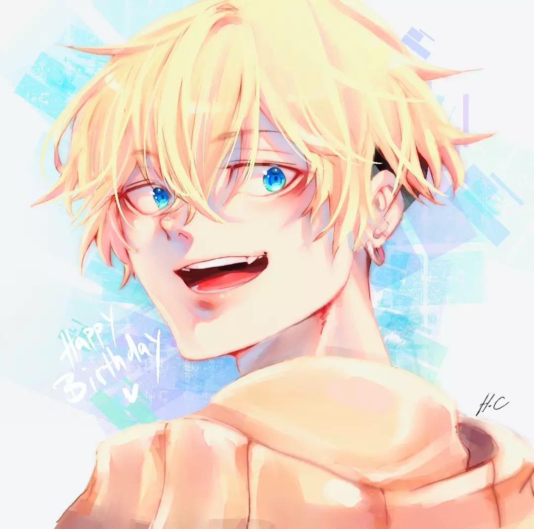 the image is a digital fan art illustration of a young animestyle boy with blond hair and bright blue eyes. he's smiling broadly, and the overall style is soft and pastelcolored, giving a cheerful and slightly dreamy feel.  the background features light blue and white brushstrokes. the phrase "happy birthday" is lightly written in the background. the artist's signature "h/c" is visible in the bottom right corner. the focus is on the boy's face and upper body, with his shoulders turned slightly away from the viewer. the style suggests a watercolor or painterly effect, with soft blending of colors.