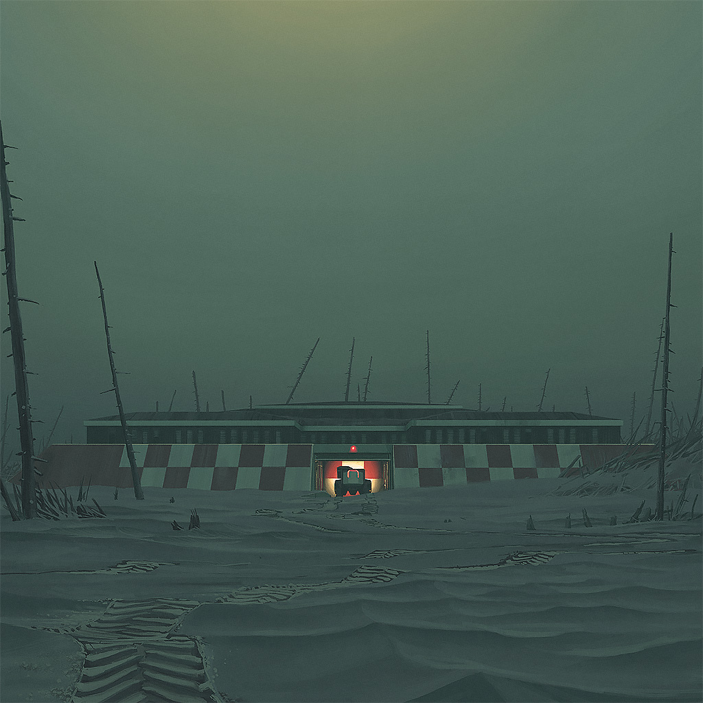 a long, low building with a checkerboard pattern sits in a desolate landscape of snow and dead trees. the building has a large, open door, and a small vehicle sits inside. the scene is eerie and atmospheric, suggesting a postapocalyptic future.
