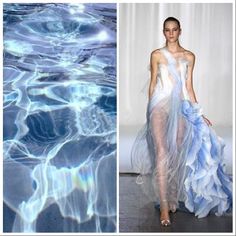 the image is split into two halves. the left half shows a closeup of rippling water that looks like an abstract painting. the right half shows a woman in a white, sheer, flowing dress standing in a studio against a white background. the dress has a lot of delicate details and appears to be made of lace and tulle. the woman has her hair pulled back and is wearing minimal makeup. she is looking slightly off to the side with a dreamy expression on her face.