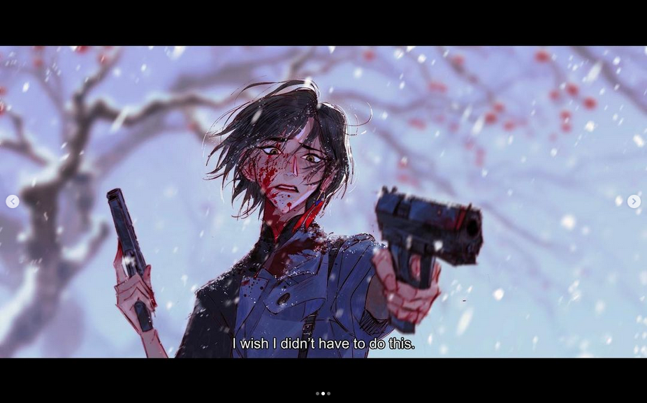 a bloody anime girl holds a gun in her right hand while her left hand holds a second gun. the girl is standing in the snow during a winter blizzard. she has a sad expression on her face, as if she regrets having to hold a gun. she is feeling hopeless.