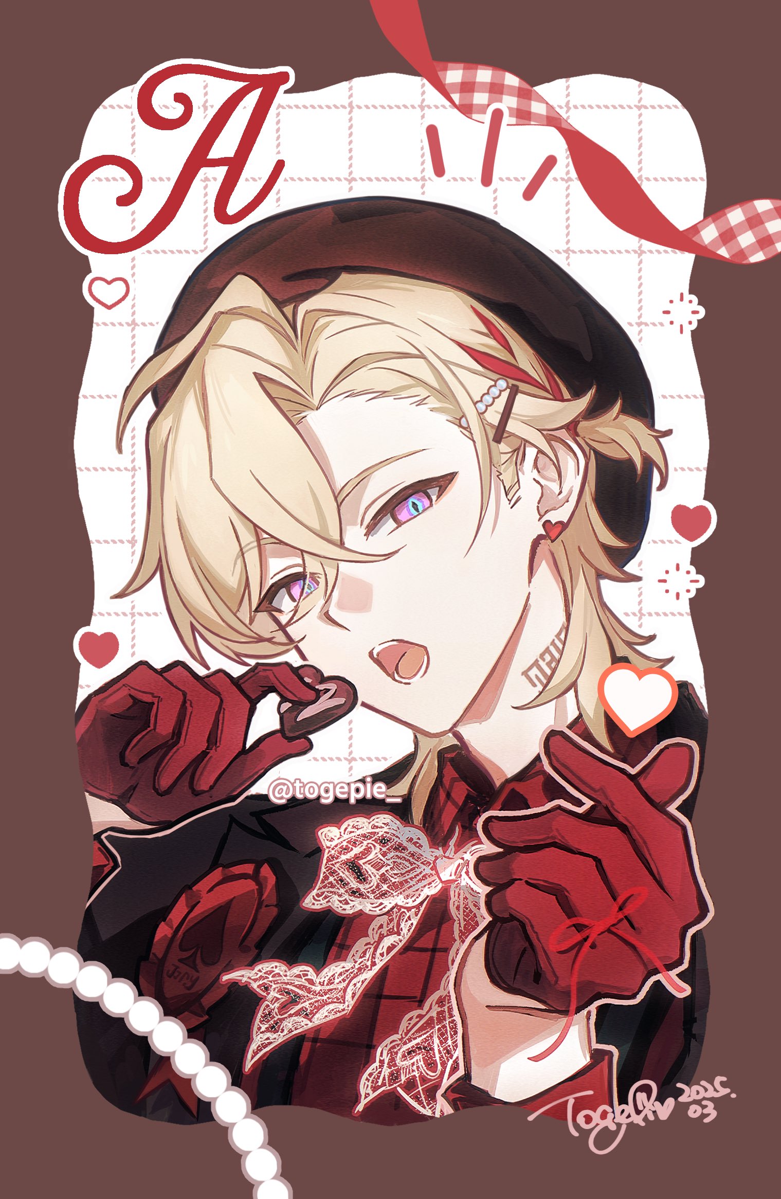 the image is an animestyle illustration of a male character. he has light blonde hair, and is wearing a beret. his eyes are different colors, a condition called heterochromia. he is wearing red gloves and holding a heart shaped object. there are several decorative elements around him including hearts, ribbons, and the letter a. the background has a plaid pattern. there is also a pearl string on the left side. at the bottom right corner, there is a signature "toghepi".