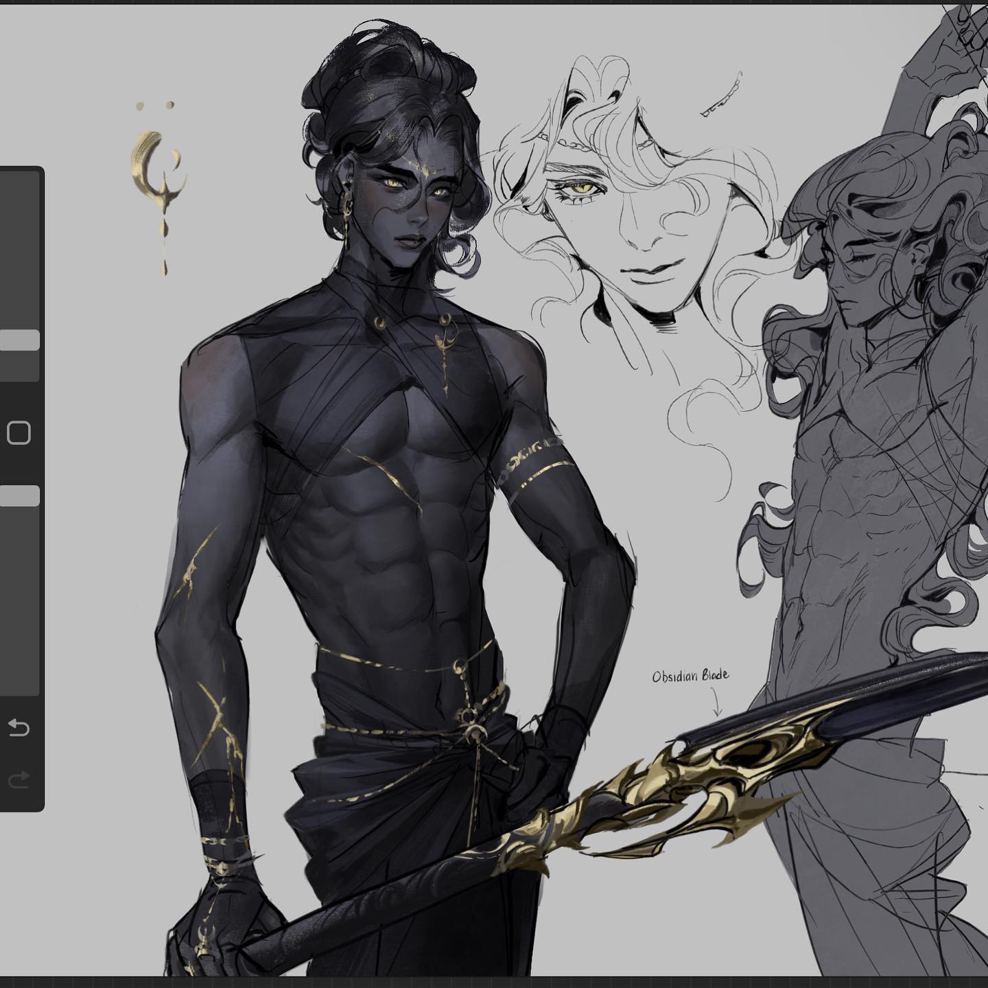 the image shows a digital illustration of a male character. the character is dressed in black armor and has gold accents. he has a muscular physique and is holding a sword in his hand. he has dark hair and a determined look on his face. the background includes sketches of two other characters, one with long white hair and the other with long black hair.  the character in the foreground is the main subject of the image and is the most detailed. the background characters are more sketches, but they are still very detailed and have expressive faces. the overall style of the image is dark and dramatic, with a strong sense of action and power.