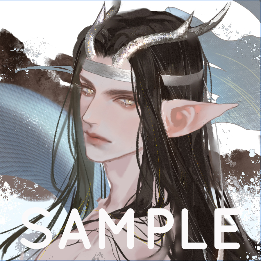 this is a digital art portrait of a man with fantasy elements. he has long black hair, pale skin, pointed ears, and horns. he is wearing a silver headband. the background is an abstract mix of blue and white.