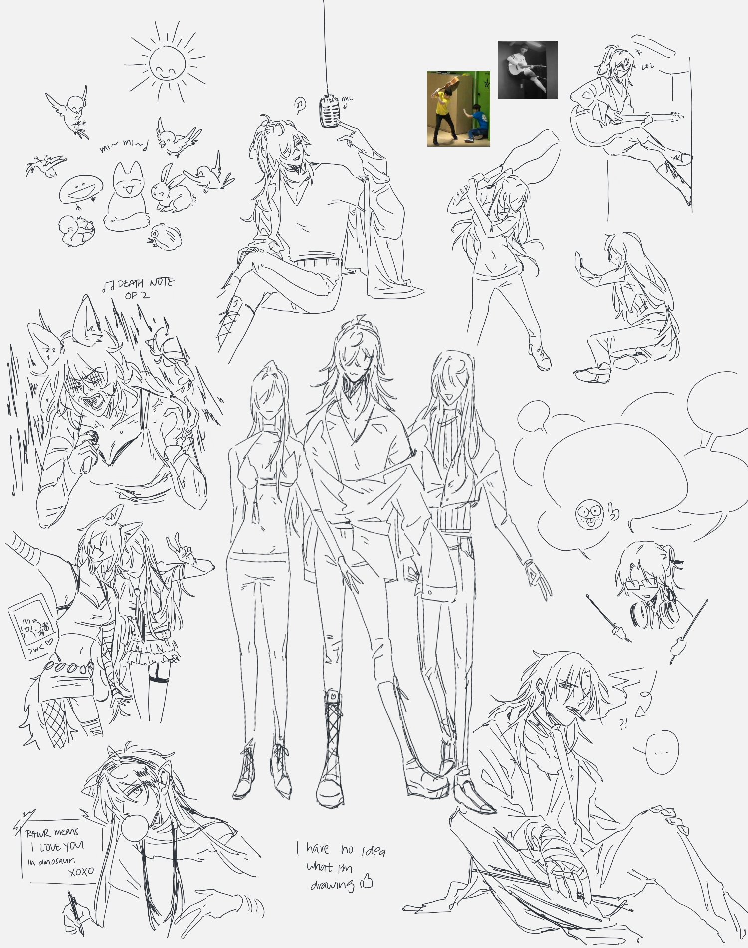 this is a drawing of several anime characters. it looks like they are all bandmates. the artist has drawn multiple characters all on a single page, in different poses, many of which have thought bubbles and speech bubbles. some are singing, some are playing instruments.  one of the characters is wearing headphones, which is unusual for an anime band. this is a casual sketch done with black marker and pencil. there are multiple doodles in the background, such as birds and hearts.