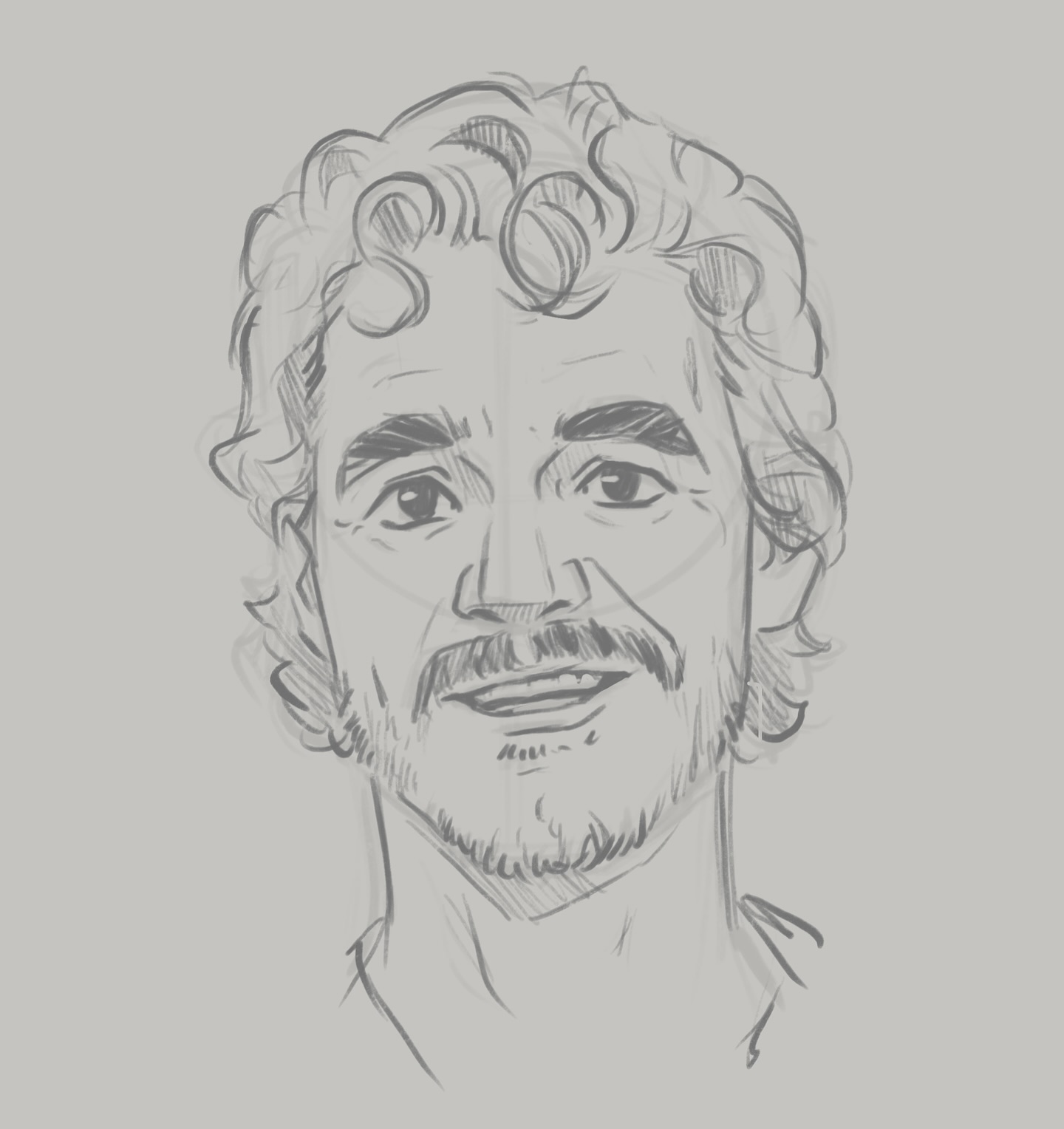 the image is a grayscale pencil sketch or drawing of a man's face.  the man has curly hair, a beard, and a mustache. his expression is pleasant, almost smiling. the style is loose and expressive, more of a quick sketch than a highly detailed portrait.  the background is a light gray.