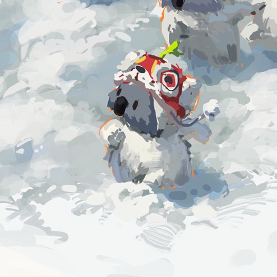 he image is a digital painting or illustration depicting a cute, fluffy, white creature wearing a vibrant red and gold lion dance head.  the creature appears to be wading or playing in snow, with other similar creatures visible in the background, somewhat blurred. the style is whimsical and charming, suitable for children's books or festive greetings. the overall feeling is one of joy and celebration.