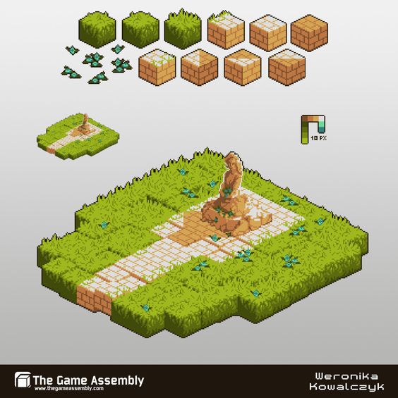 the image shows a pixel art asset pack for a game. it features a statue of a person sitting in a meditative pose, surrounded by grass and a stone path. the asset pack includes different tile variations for the grass, path, and statue. there are also separate sprites for individual blades of grass. the overall style is isometric and uses a bright and colorful palette.