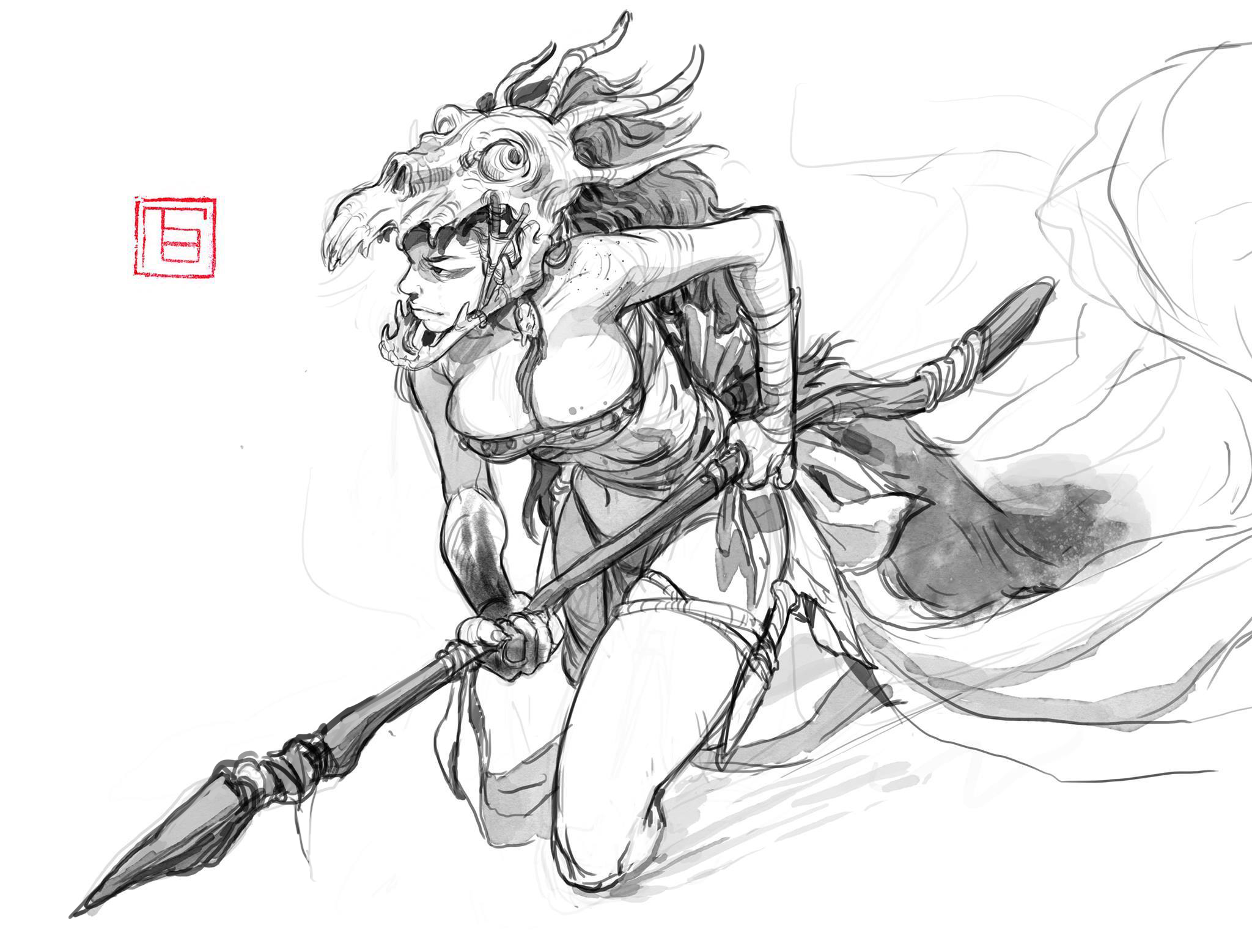 the image is a dynamic grayscale sketch of a female warrior. she's depicted in a crouching, actionoriented pose, wielding a long spear.  her attire appears tribal or ancient, and she wears a striking skulllike mask that seems to be partially animalistic in design.  her expression is serious and focused. the clothing is loosely rendered, conveying movement and a sense of flow. the overall style is rough and expressive, characteristic of concept art or preliminary sketches, with visible pencil or ink strokes. the background is minimally detailed, allowing the focus to remain on the central figure.  a small red stamp is visible in the upper left corner.