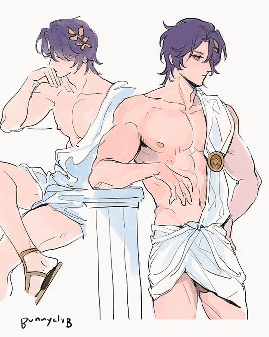 the image is a digital drawing or fanart depicting two variations of the same animestyle male character.  both versions are shirtless, showcasing a muscular physique. they are partially draped in white togas reminiscent of classical greek or roman attire. one character is casually sitting, while the other is posing confidently against a column. both have purple hair with one character sporting a small flower ornament in his hair. the art style is soft and light, with a focus on delicate linework and pale coloring. the artist's signature, "bunnyclub," is visible in the bottomleft corner.