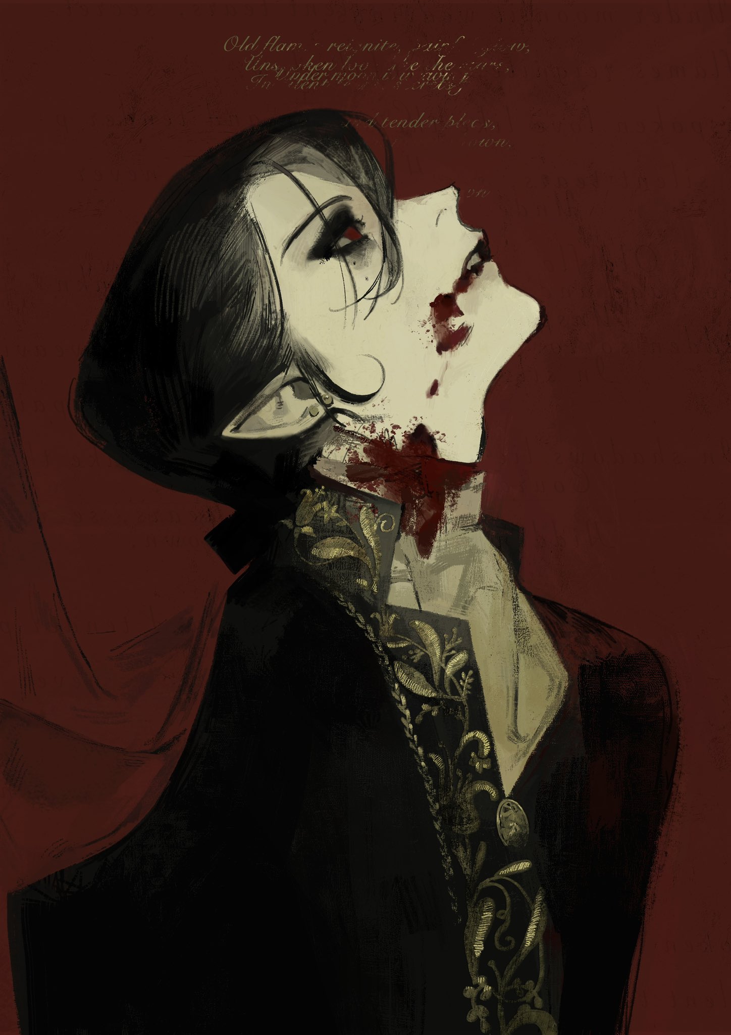 a digital painting of a handsome vampire with black hair and red eyes. he is biting his lip and there is blood dripping from his mouth. he is wearing a black coat with gold embroidery and a white shirt. the background is a deep red.