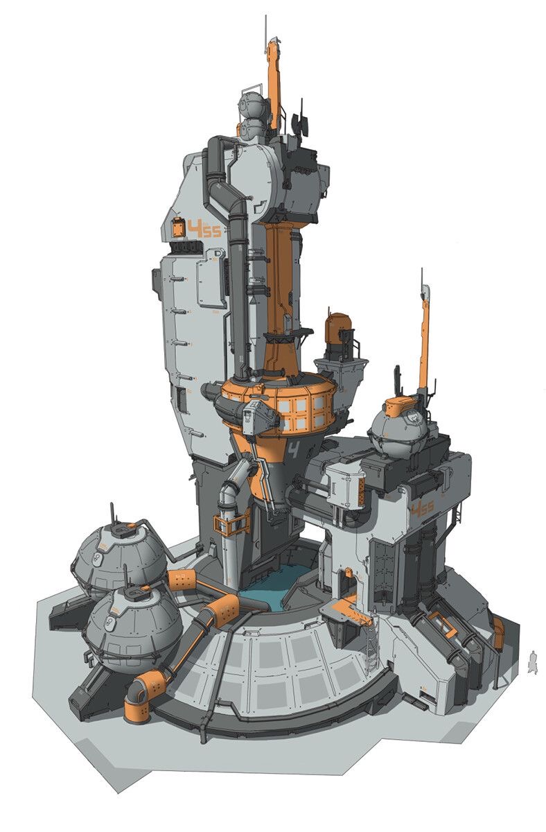 a digital concept art illustration of a futuristic, industrial building with a complex network of pipes, tanks, and structures. the building has a multilevel design, with a central tower and surrounding platforms.  it features a gray and white color scheme with accents of orange.