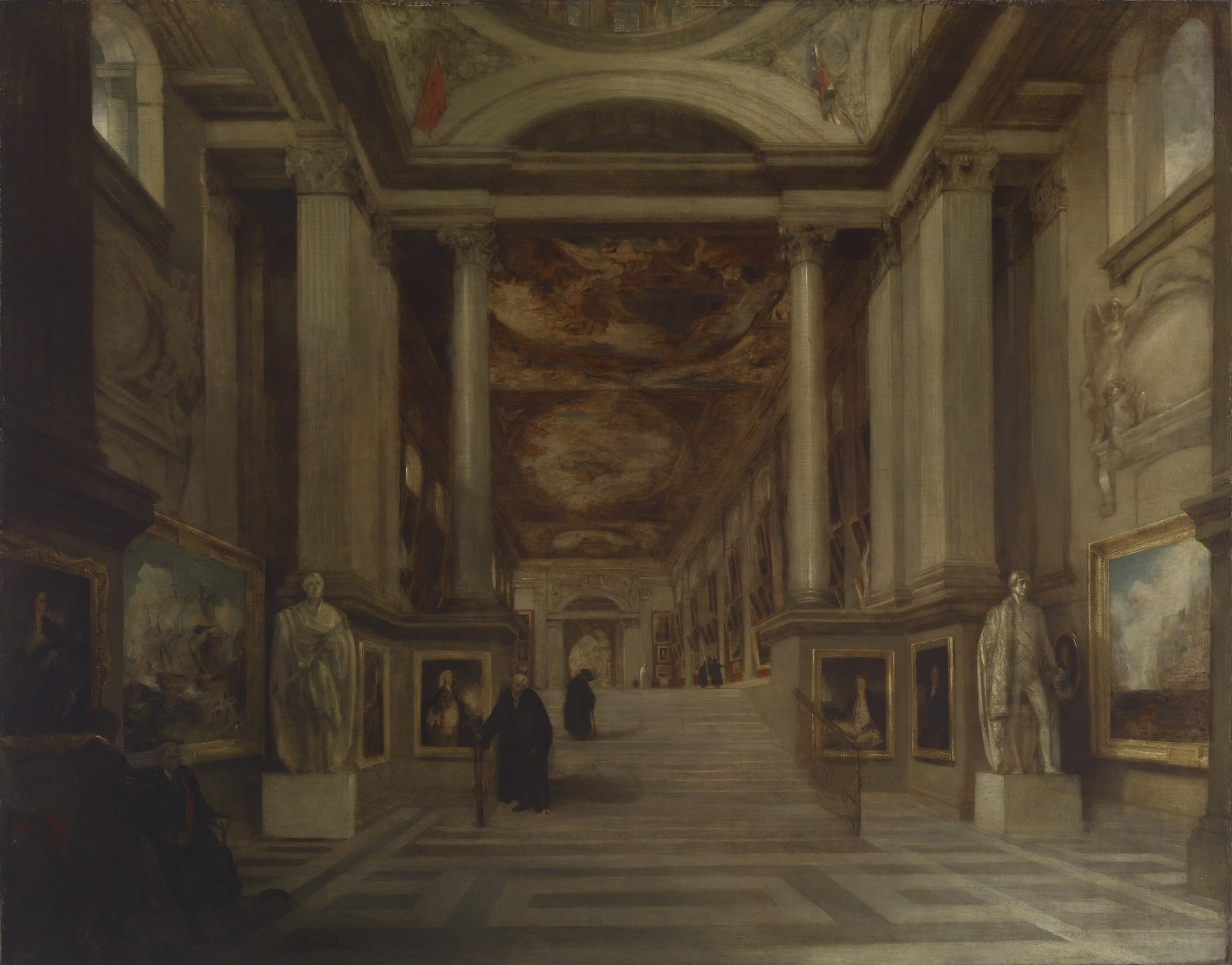 the image is a painting of an indoor space, likely a museum or art gallery. the scene is filled with art, including framed paintings displayed along the walls and classical statues positioned throughout the space. the architecture is grand, featuring tall columns that line the hallway, supporting a high ceiling adorned with painted scenes. a staircase is visible in the center of the frame, leading to further parts of the building. several people, possibly visitors, are present, adding a sense of scale to the scene. the lighting is soft and diffused, creating a muted, classical atmosphere. the overall impression is one of a grand and historic space dedicated to art and culture.