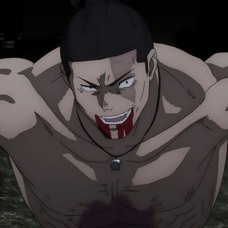 a closeup illustration of a muscular, barechested man with a fierce expression. he has dark hair tied in a topknot and a determined look in his eyes. there's blood smeared around his mouth and on his chest, suggesting he's been in a fight. the dark, shadowy background adds to the intense and menacing atmosphere of the image.