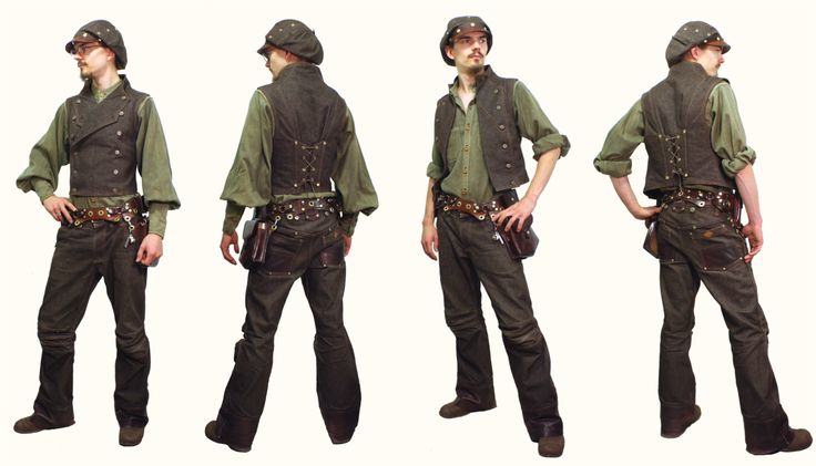 this image showcases four men in steampunk attire, each with a distinctive style. they all sport brown vests adorned with various buckles and decorative elements, paired with brown pants and a belt. the pants have a unique style that emphasizes the legs, and they are all adorned with various buckles and leather straps. each man wears a different type of hat: one a classic brown fedora, another a more casual brown cap, and the others a distinct peaked cap. they are all positioned in different poses, looking in different directions. the image is taken against a clean, white background, allowing the details of their clothing to stand out. the overall vibe is of a group of stylish men ready for a steampunk adventure.