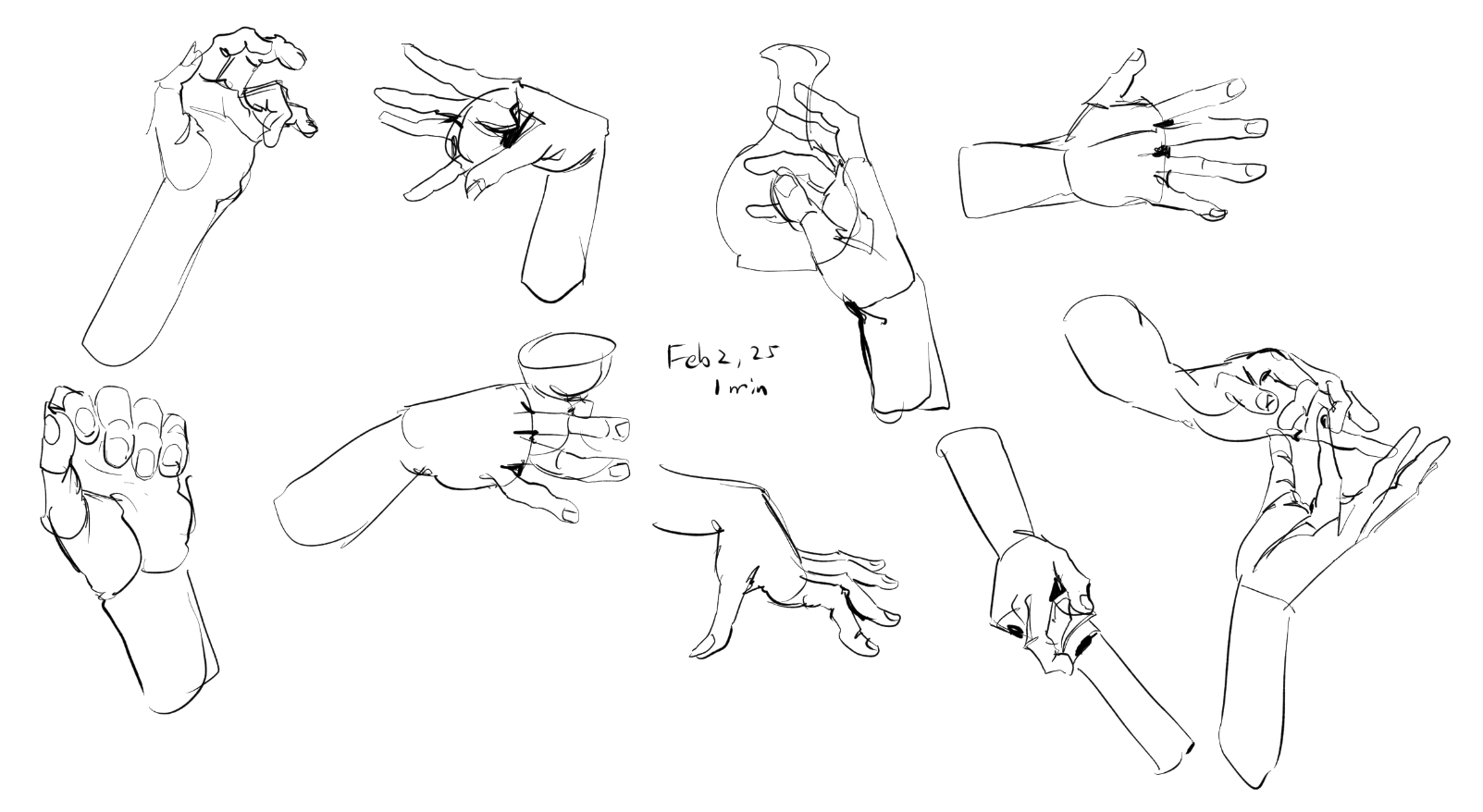 the image contains a collection of quick sketches of hands in various poses and positions.  each sketch is a line drawing, done in black ink on a white background.  the style is loose and expressive, focusing on capturing the gesture and movement of the hands rather than precise anatomical detail.  the sketches vary in complexity, with some showing just the hand and others including parts of the forearm.  there's a date and time annotation ("feb 2, 25 1 min") suggesting that these were likely created as a timed exercise in gesture drawing.  the different hand positions are very diverse, showing hands holding objects (implied), clenched, open, and interacting with each other.