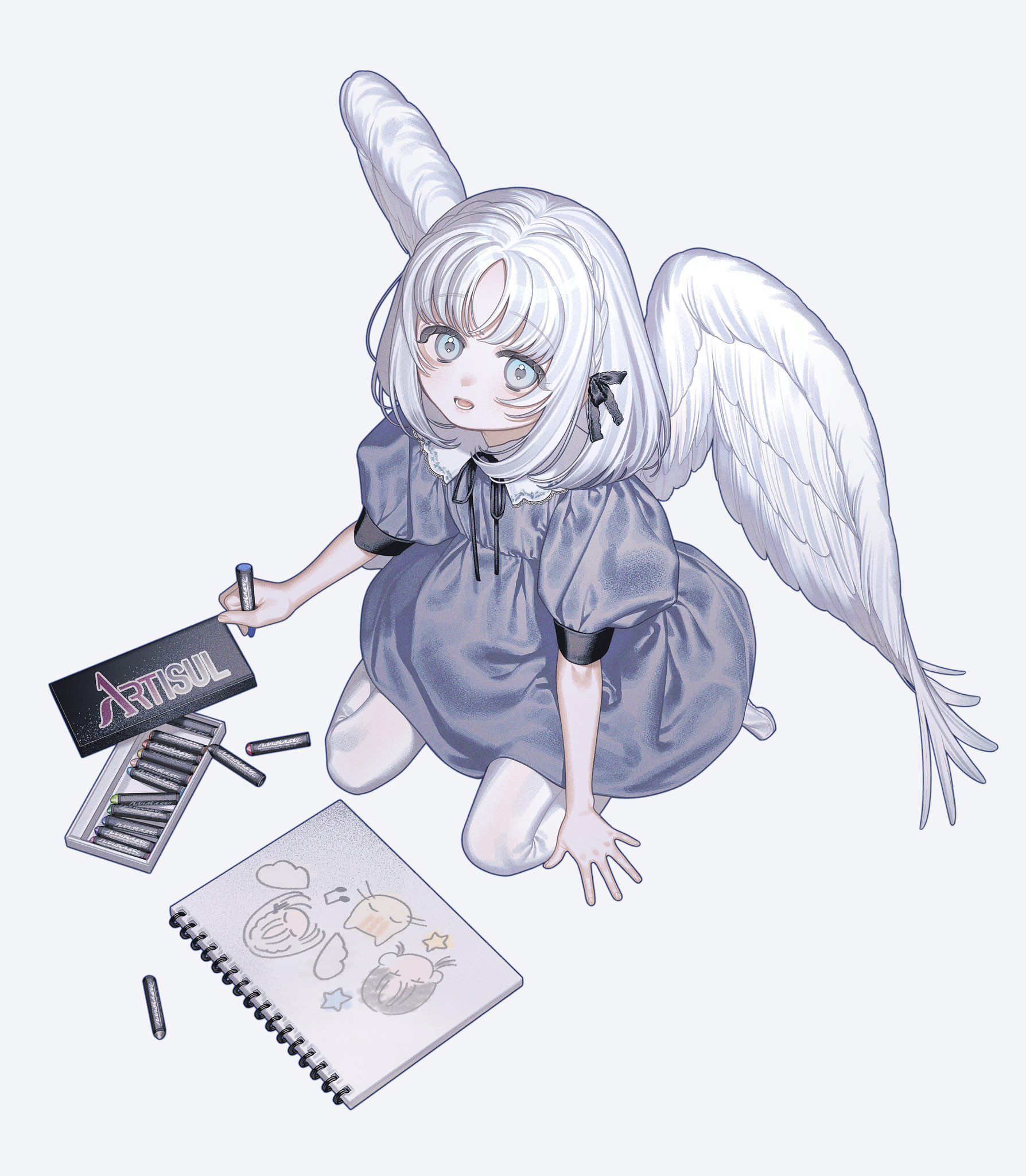 the image is a digital illustration of a cute animestyle girl with large, white angel wings.  she is sitting on the floor, wearing a light purple dress and white socks or tights.  she's holding colored pencils and appears to be drawing in a sketchbook that lies open before her. the sketchbook contains simple, childlike drawings. a box of artisul colored pencils is visible next to the sketchbook and scattered pencils are around the girl. the overall style is soft, pastel, and has a dreamy quality. the girl's expression is sweet and innocent.