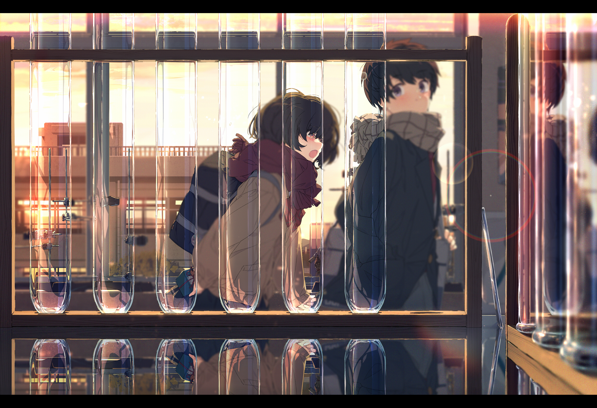 he image is a digital painting or illustration of two animestyled characters, a girl and a boy, standing behind a rack of test tubes. the setting appears to be a school science lab, with a window showing a sunset outside. the girl is wearing a scarf and backpack, and the boy is also wearing a scarf. the overall mood is melancholic yet peaceful and serene, conveying a sense of quiet contemplation or romance.  the warm colors of the sunset are reflected in the test tubes, creating a visually appealing contrast with the cooler tones of the characters' clothing. the image is highly detailed, with meticulous attention given to the textures, lighting, and reflections.