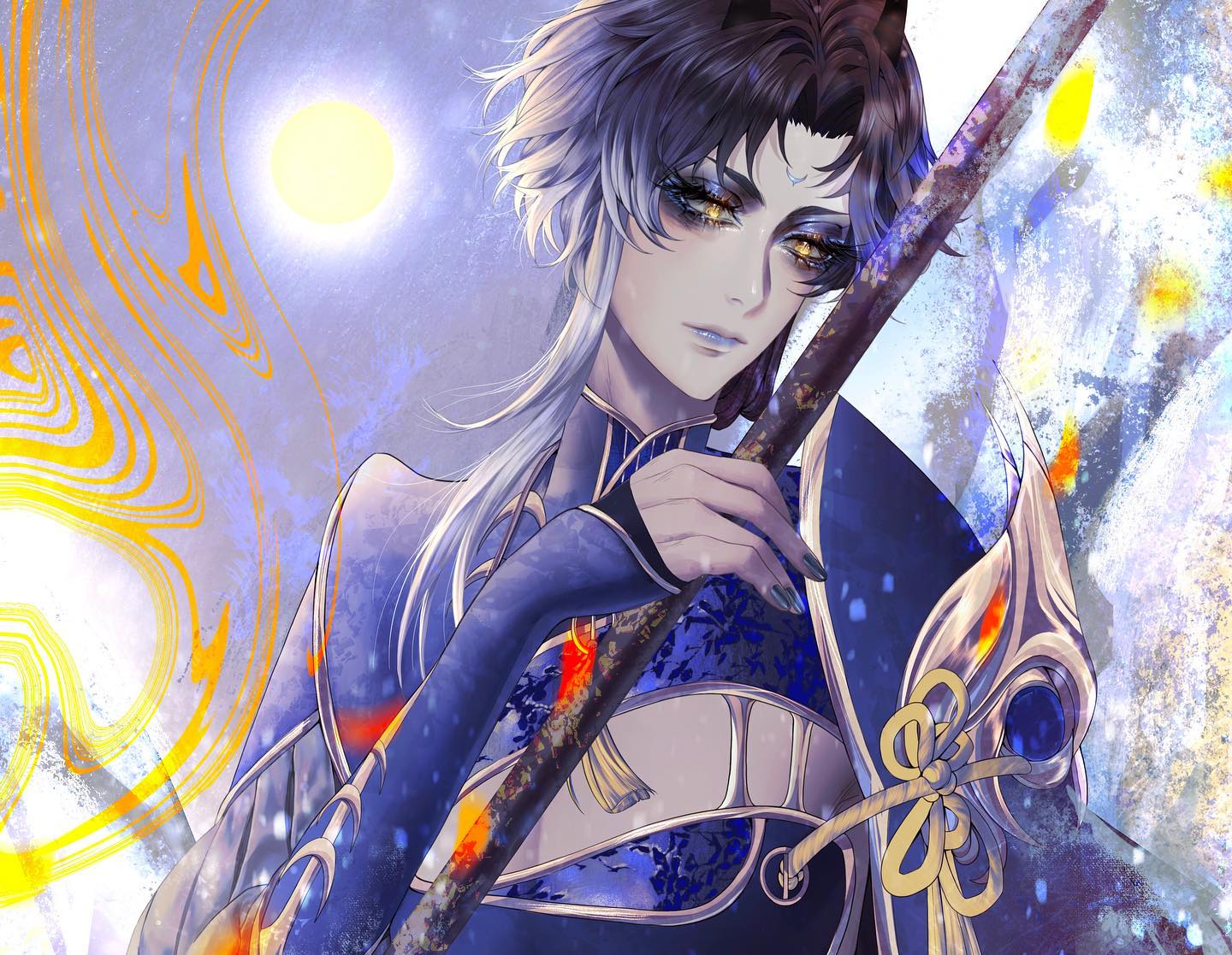 the image features a male anime character with long, flowing white hair streaked with black. he has striking golden eyes and a serene expression. he wears ornate blue and gold clothing reminiscent of traditional east asian attire. he holds a staff adorned with gold and red details. the background is an ethereal blend of blue, purple, and yellow, suggesting a celestial setting with a bright sun.  the overall aesthetic is soft and magical.