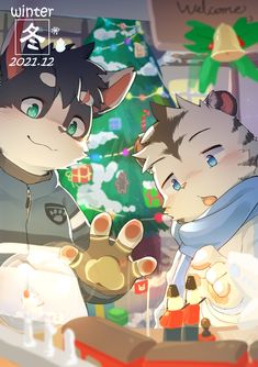 two anthropomorphic animal characters are sitting on the floor in front of a christmas tree playing with a train set. one is a black and white catlike character and the other is a white and brown doglike character. the image is brightly lit and cheerful. the background includes a sign that says "winter 2021.12" in english and japanese.