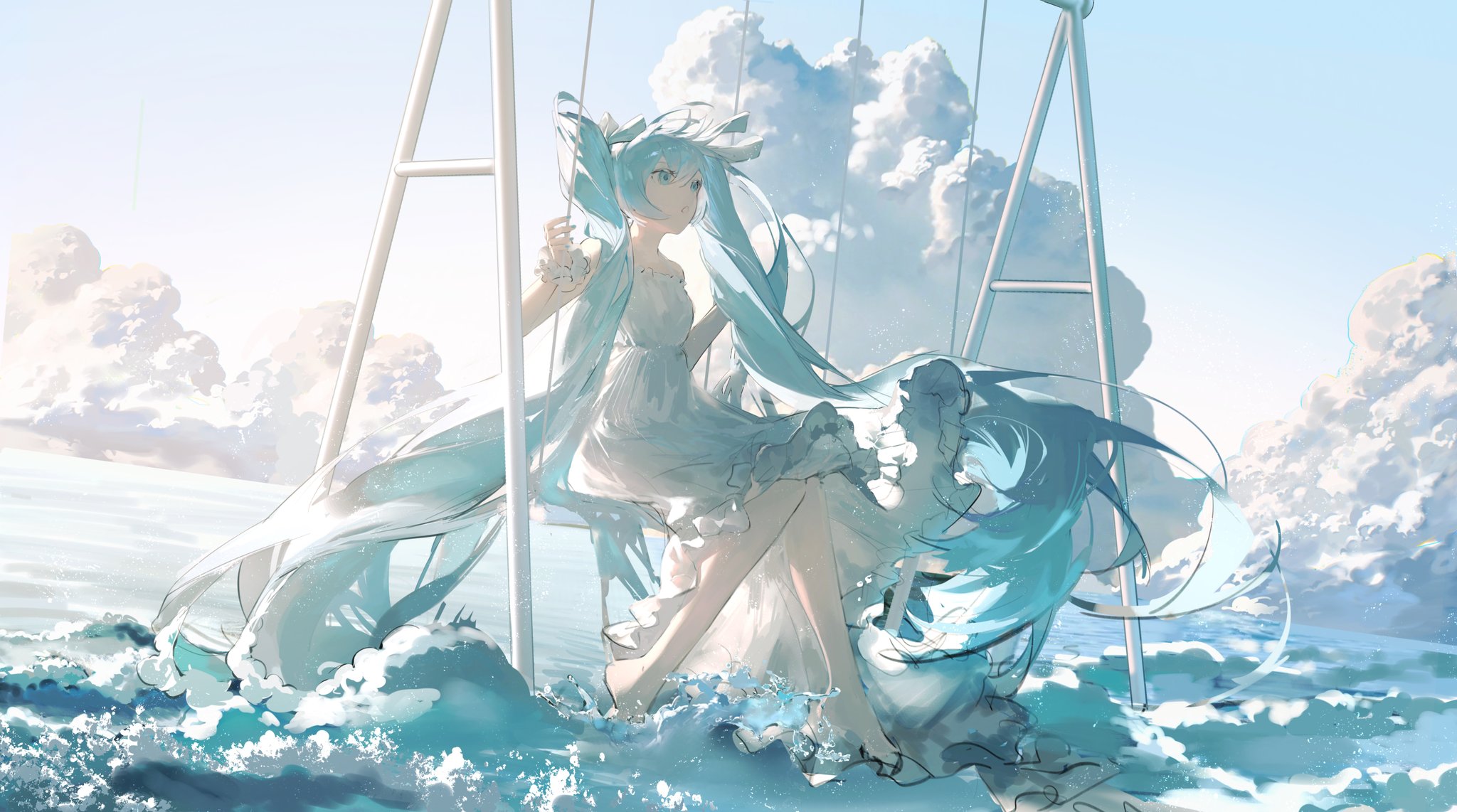 he image is a digital painting of hatsune miku, a popular virtual singer, sitting on a swing set over the ocean. she's wearing a light blue dress and has long, flowing turquoise hair. the ocean is a calming turquoise, and the sky is filled with fluffy white clouds. the overall mood is serene and peaceful. the art style is soft and dreamy, with a focus on light and color.