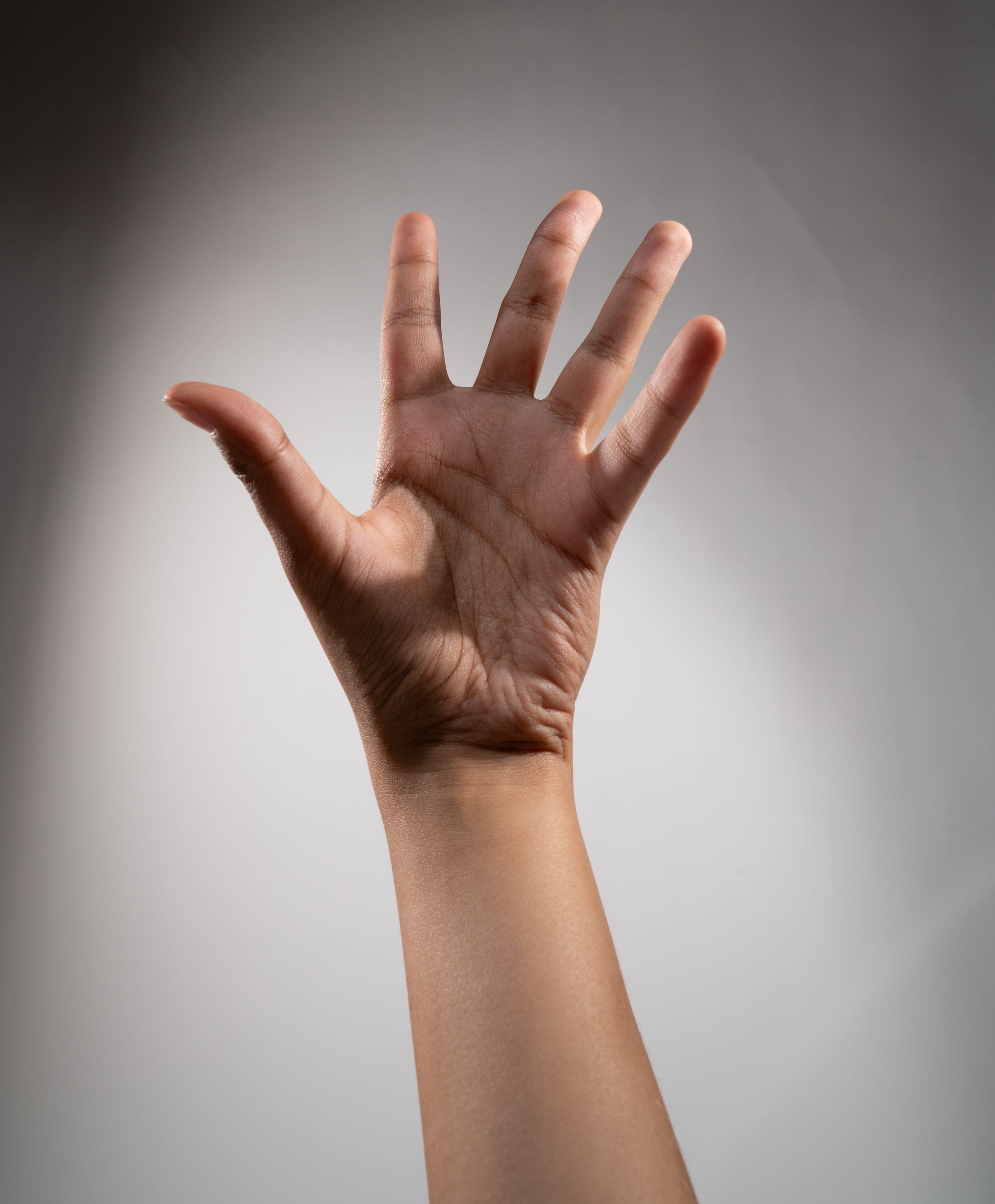 the image showcases a single human hand raised against a neutral gray background. the hand is extended, displaying all five fingers spread apart. the soft, directional lighting casts subtle shadows, highlighting the texture and details of the skin. the perspective is from a low angle, creating a sense of reaching upward.