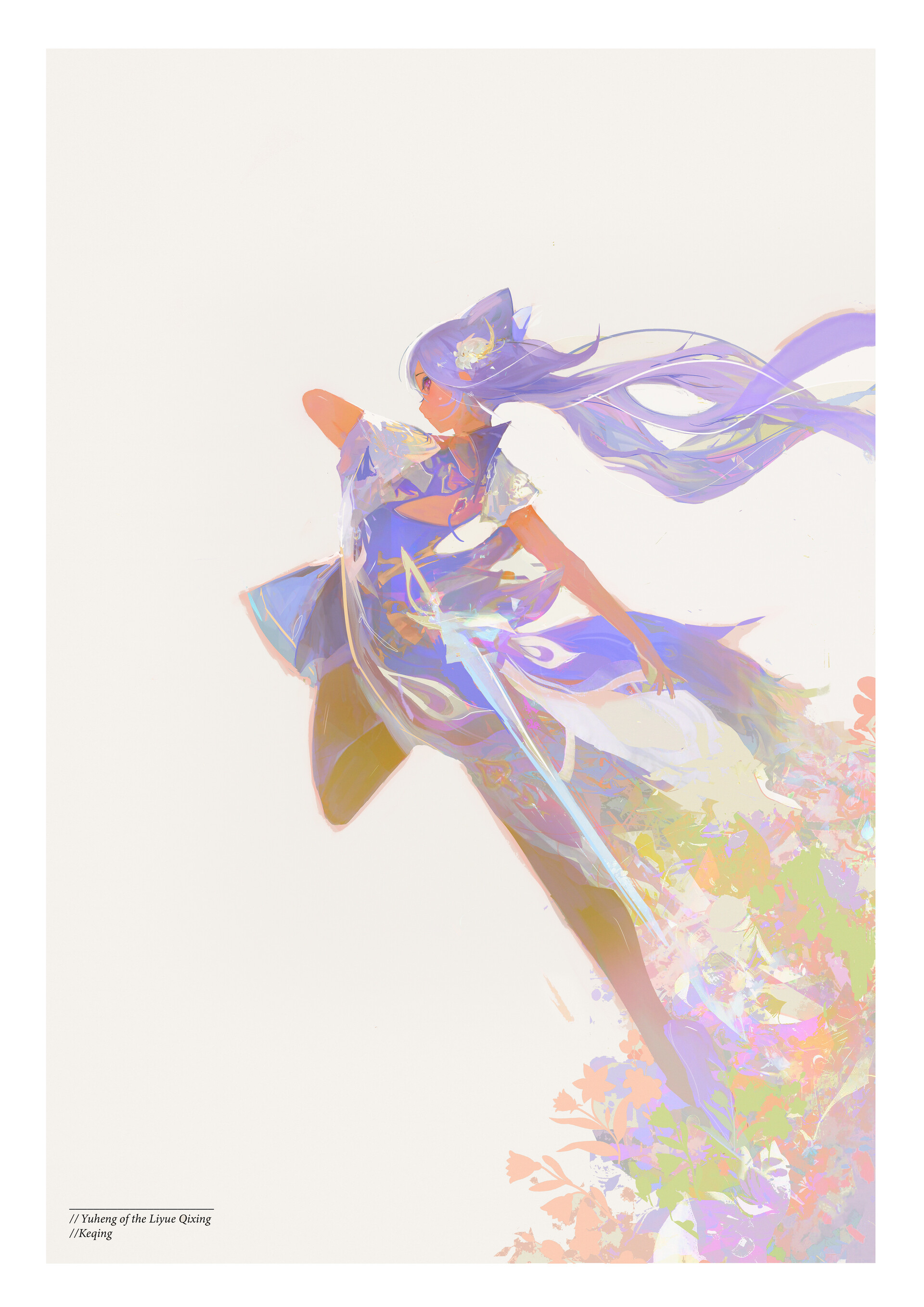 a digital illustration of a woman in an anime style with flowing blue hair wearing a white and blue dress and holding a sword. she is leaping into the air surrounded by flowers from a worm's eye view. the background is a soft, light color with colorful flowers in the foreground. the overall feeling is ethereal and magical.