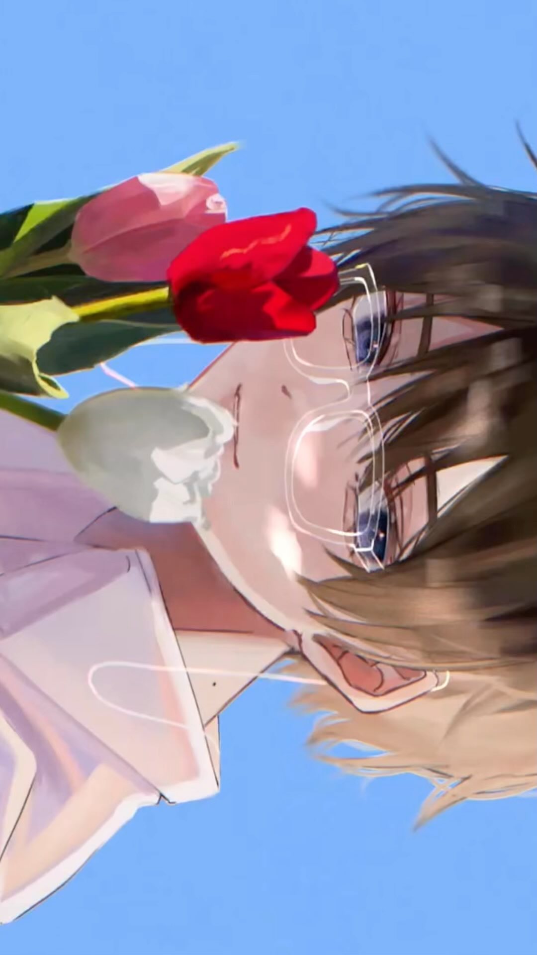 he image shows an animestyle illustration of a young boy with brown hair wearing glasses. he is holding a bouquet of tulips, one red and one pink,  in his hands. the boy's expression is soft and dreamy, and he appears to be looking downwards. the background is a simple light blue sky. the overall style is soft, pastel and romantic. the art style is reminiscent of modern digital painting techniques often used in anime and manga.