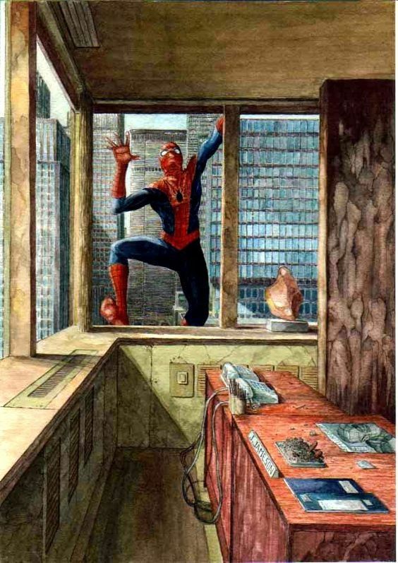 a watercolor illustration of spiderman hanging onto the side of a building in the middle of the city. he's holding on with his webshooters and is wearing his red and blue costume. the building's interior is visible, with office furniture and other items, as well as another window showing the cityscape. the illustration has a cartoon style.