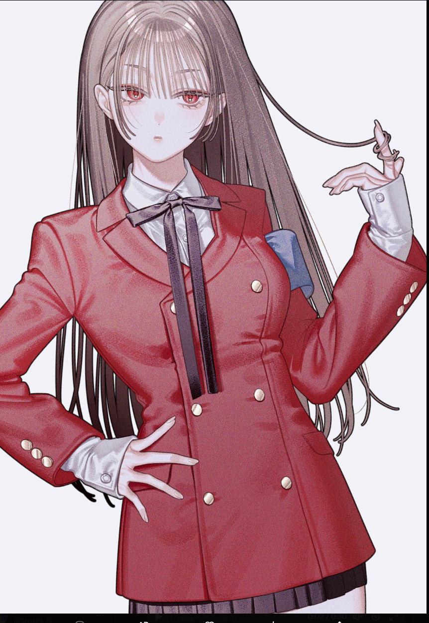 the image features a young woman, drawn in an anime/manga style, standing against a white background. she has long, dark brown hair with bangs framing her face and striking red eyes that gaze directly at the viewer. she is dressed in a stylish red blazerstyle school uniform with gold buttons, a black tie, and a white shirt underneath.  her confident pose, with one hand on her hip and the other lightly twirling a strand of hair, emphasizes her selfassured demeanor. the soft lighting creates a gentle and approachable atmosphere despite the character's direct gaze.