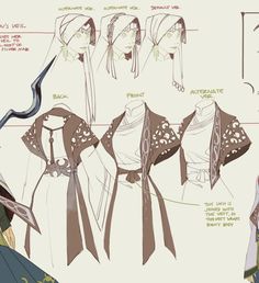 a sketch page showcases the design for a female character's outfit. several views and variations of a hooded cloak and robe are presented, offering options for the final look. the style leans towards a fantasy setting with medieval influences, possibly for a warrior or adventurer.  the color palette is muted, using a range of browns and creams.