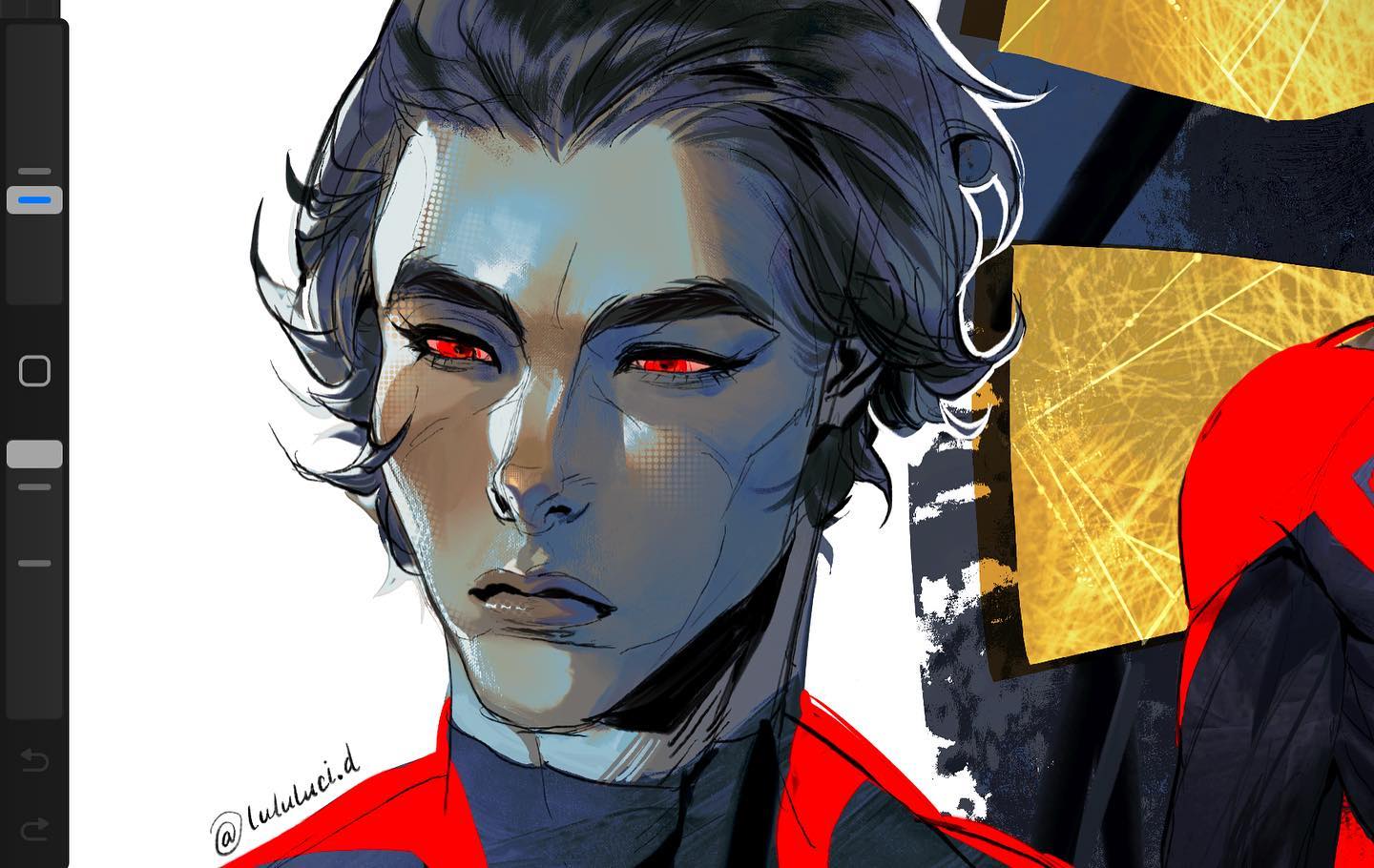 a digital illustration of a young man's face and upper torso. he has dark, stylized hair, pale skin, and striking red eyes.  he wears a red garment, and the background hints at a scene with gold and black abstract shapes. the overall mood is intense and dramatic.