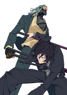 this illustration showcases two male characters locked in what appears to be a fierce confrontation. the taller man, clad in a stylish suit and a distinctive metal face mask, brandishes a sword with an air of experience. crouching before him, the younger man, his dark hair framing intense eyes, grips a similar blade, suggesting he's ready to meet the challenge. the dynamic poses and sharp angles of their weapons hint at a story filled with action and suspense.