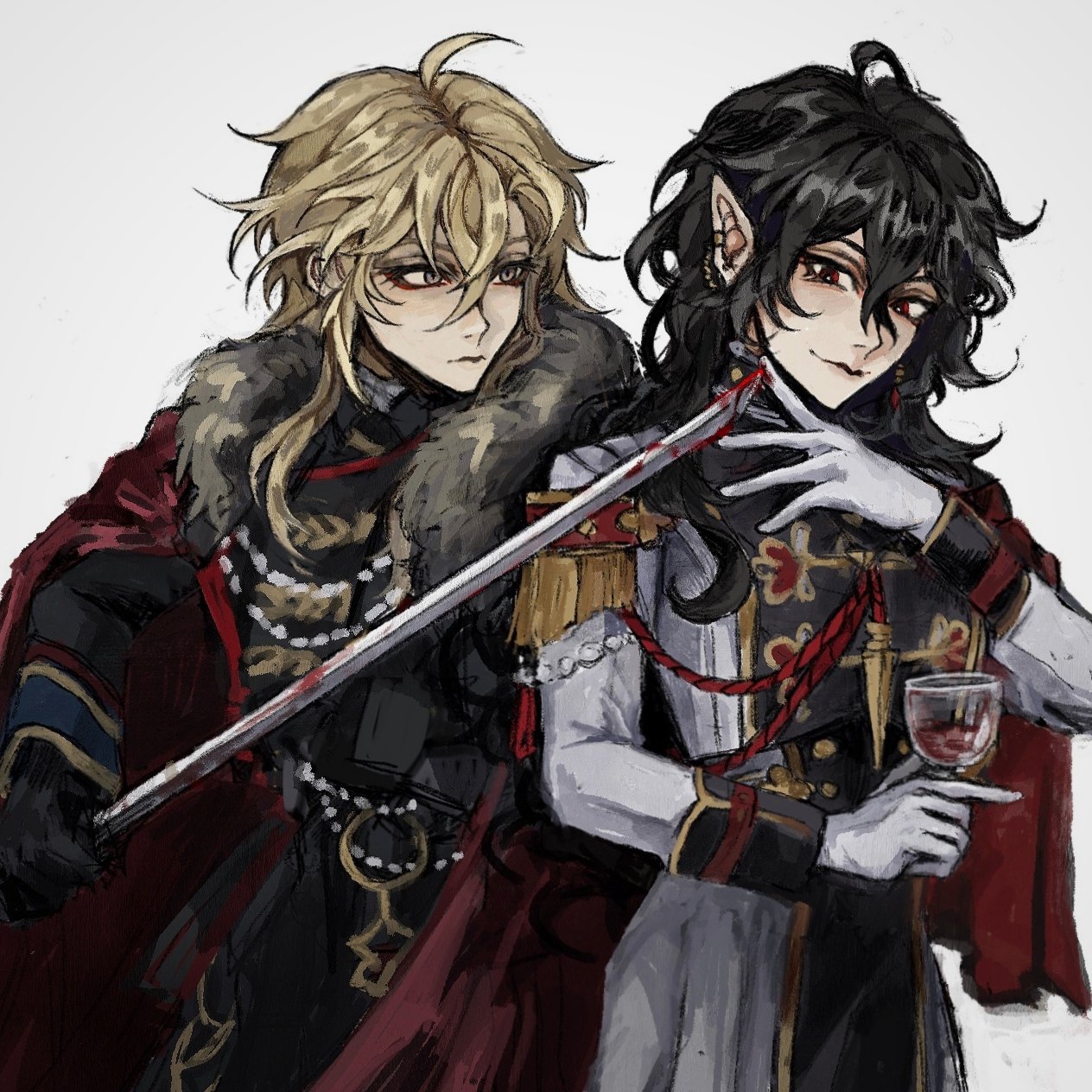 the image is a digital painting in an animeinspired style depicting two characters, one male and one female, in close proximity.  the male character, with long blond hair, is dressed in a dark, ornate military uniform with a rich red cape and fur collar. he holds a sword with a trace of blood on the blade. the female character, with long dark hair and pointed ears hinting at an elven or similar fantasy race, is attired in a similar, but lighter colored, militarystyle dress. she holds a glass of red wine.  both characters appear serious, possibly intimate or conspiratorial,  with a sense of drama and elegance in their attire and pose. the style is detailed, particularly in the rendering of their clothing, and the color palette is primarily dark reds and blacks with hints of gold and gray. the background is plain, drawing all attention to the central figures.