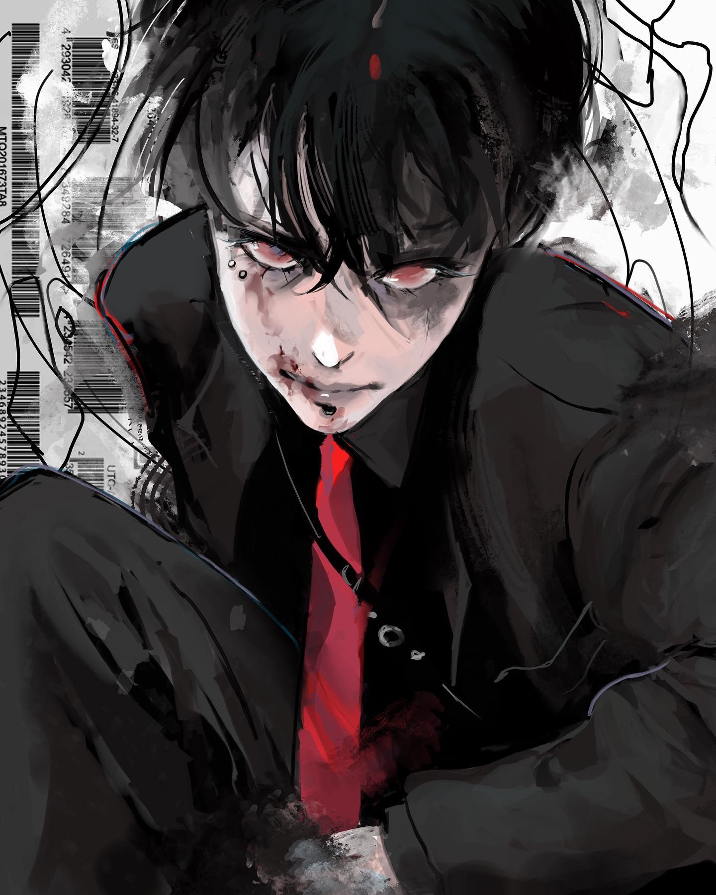 a striking digital illustration depicts a young man with a dark and intense aura.  he has messy black hair with a single red streak, piercing red eyes, and a bloodied lip and cheek. dressed in a black suit with a bold red tie, his expression suggests a mixture of aggression and vulnerability.  the background features abstract black and white elements, including barcodelike lines, further enhancing the edgy and somewhat chaotic feel.