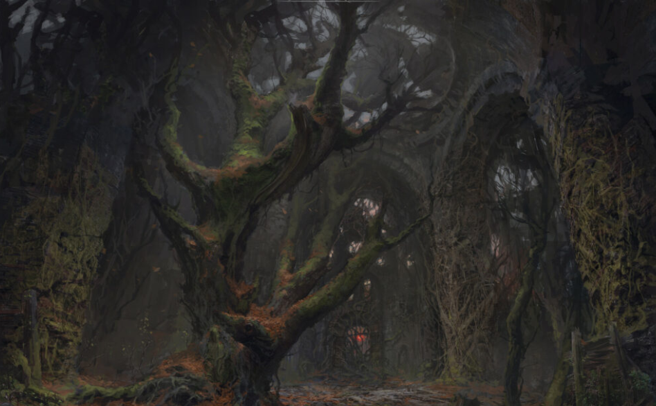 a dimly lit forest path shrouded in fog, lined with gnarled and mosscovered trees, creating an eerie and mystical atmosphere. the path seems to lead towards a faint, reddish glow in the distance.