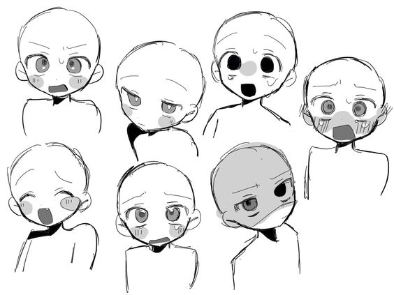 the image showcases seven distinct facial expressions drawn in a charming, simplistic anime style. each expression, ranging from surprised and happy to embarrassed and angry, is depicted on a bald, genderneutral character base.  the drawings are primarily in black and white, utilizing various line weights to suggest form and shadow.