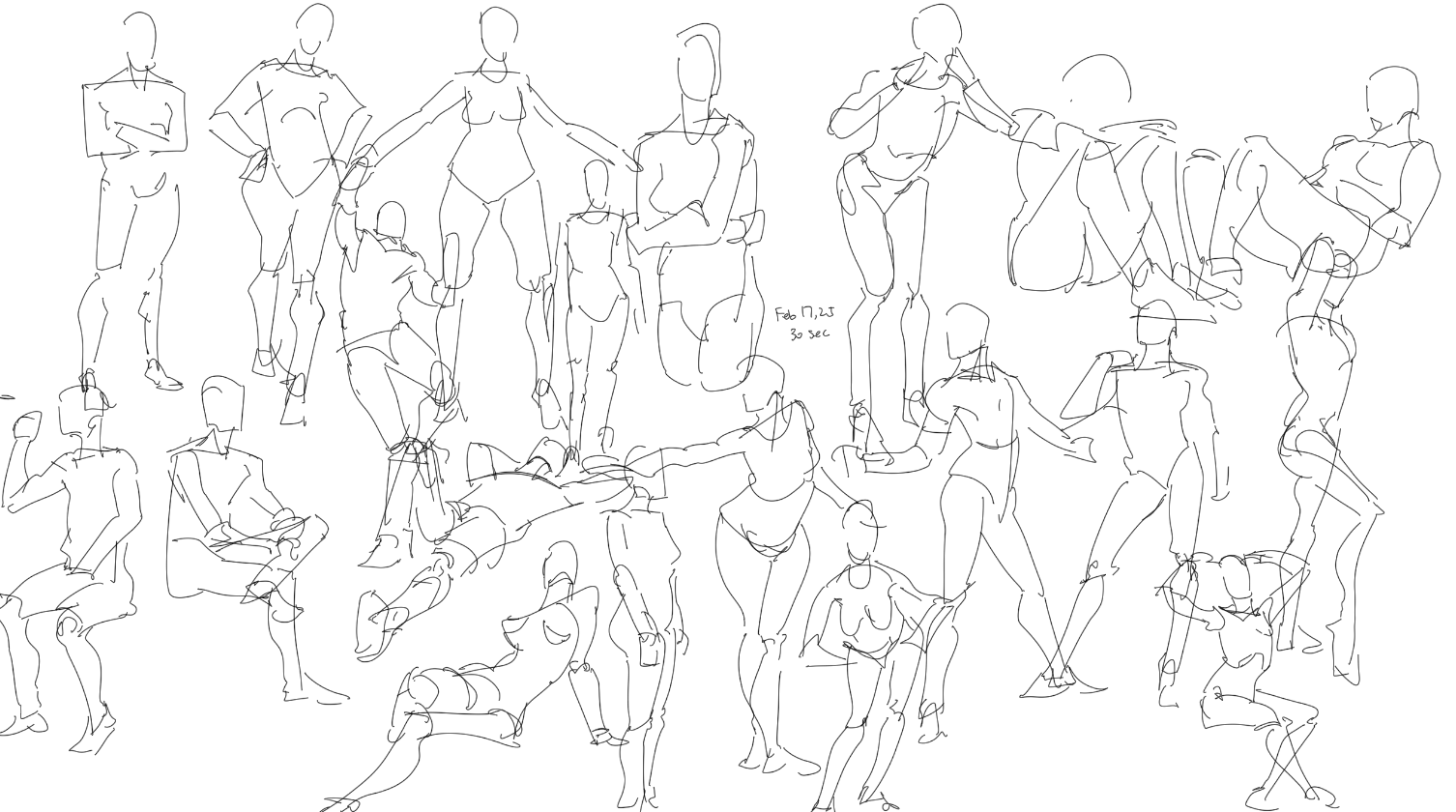the image showcases a collection of quick gesture drawings or figure sketches of various human poses. the style is minimalist, using simple lines to capture the essence and form of the figures in different positions such as standing, sitting, leaning, and in active poses. the sketches appear to be a study of the human form and movement, focusing on capturing the gesture rather than detailed anatomy. the date "feb 17, 23" and time "30 sec" suggest these were quick sketches done in a life drawing class or practice session.